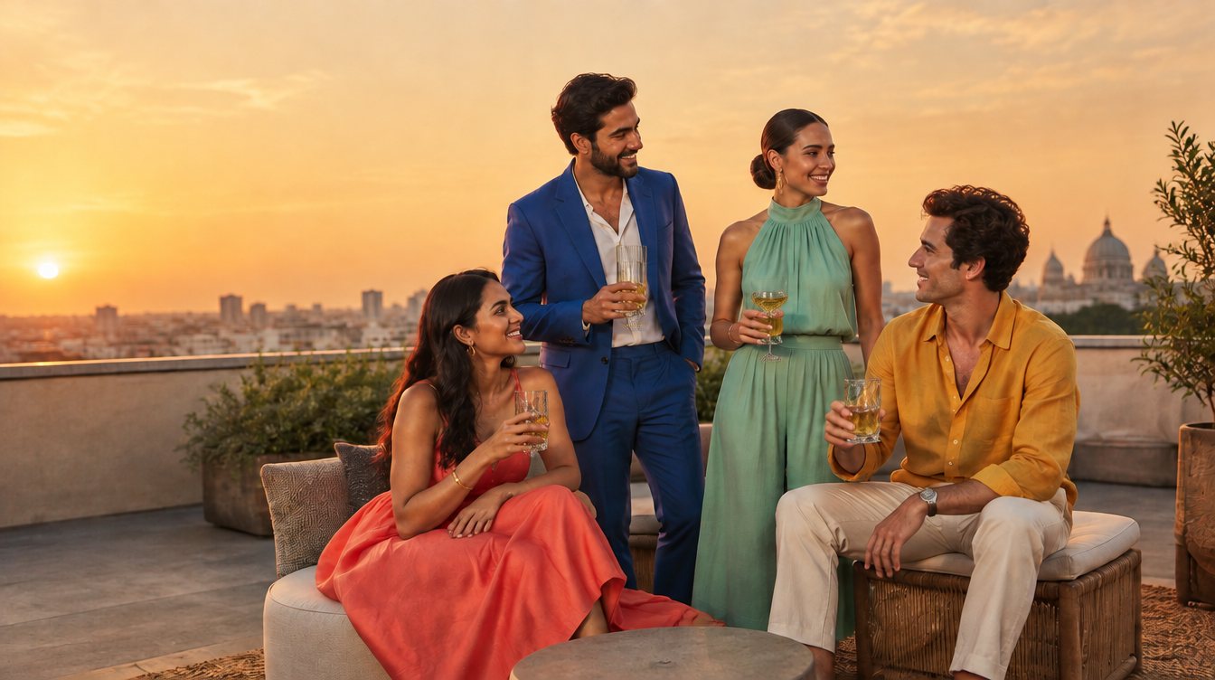 Adults sharing bright citrus drinks at golden hour